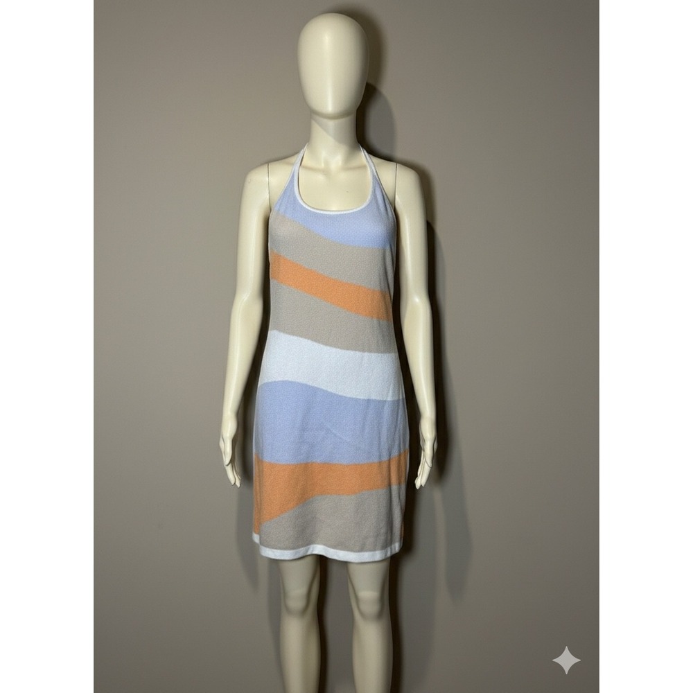 Hollister Striped Halter Mini Dress Coral Blue Tan White Knit Size XS